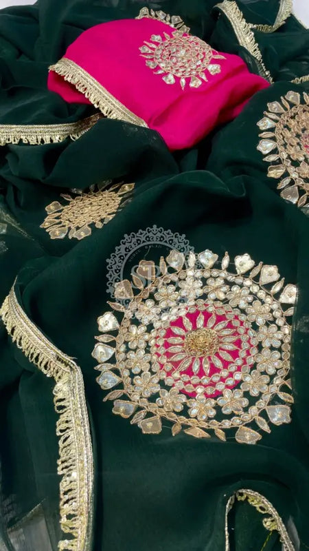 Pure Chifon mandana Kacchi patti Saree Bottle Green & Rani Saree