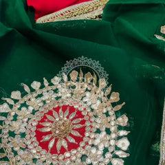Pure Chifon mandana Kacchi patti Saree Bottle Green & Red Saree