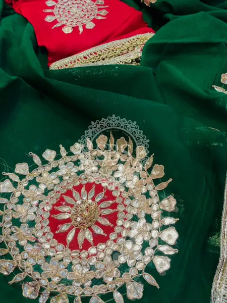 Pure Chifon mandana Kacchi patti Saree Bottle Green & Red Saree