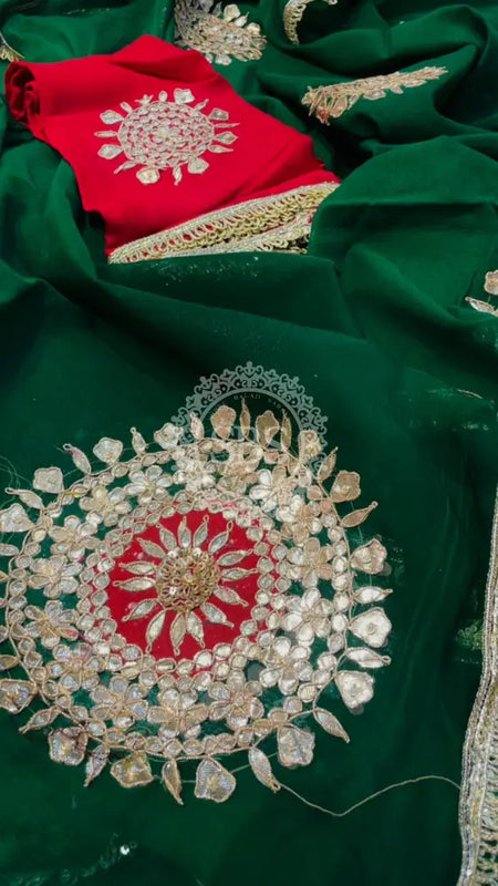 Pure Chifon mandana Kacchi patti Saree Bottle Green & Red Saree