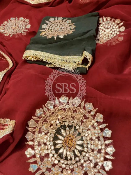 Pure Chifon mandana Kacchi patti Saree Brown & Green Saree