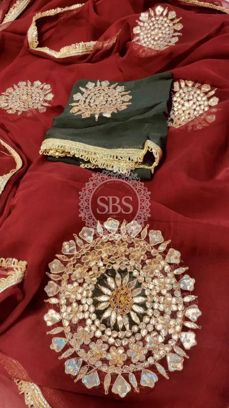 Pure Chifon mandana Kacchi patti Saree Brown & Green Saree