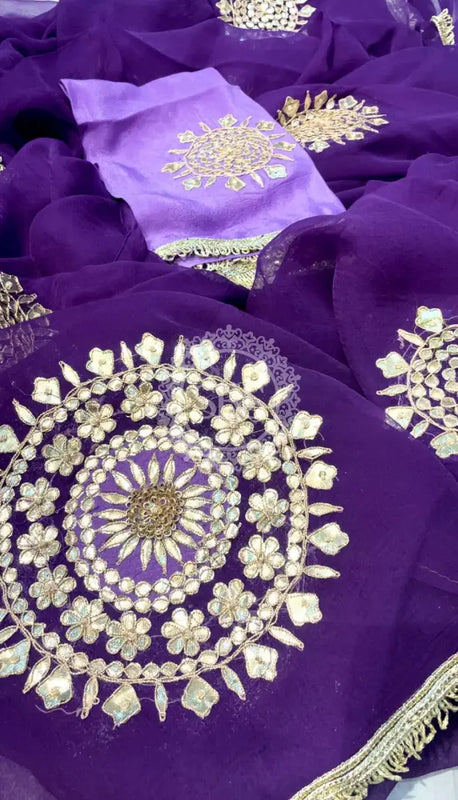 Pure Chifon mandana Kacchi patti Saree Dark Purple Saree