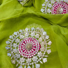 Pure Chifon mandana Kacchi patti Saree Green & Pink Saree
