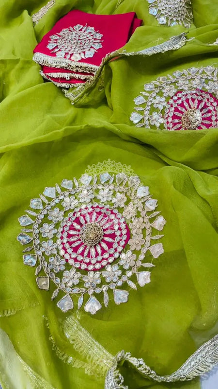 Pure Chifon mandana Kacchi patti Saree Green & Pink Saree