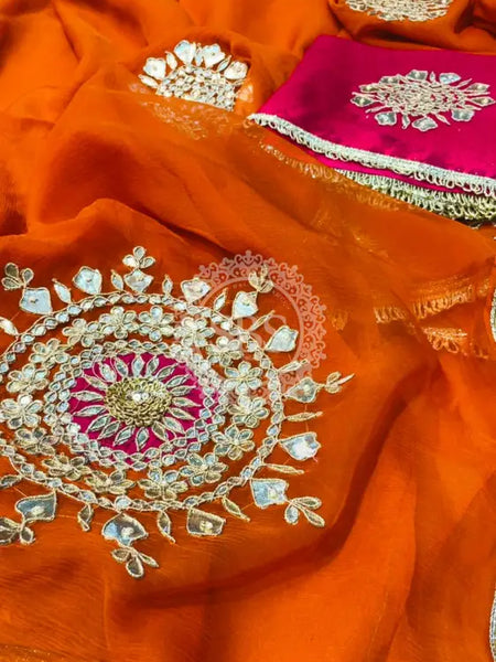 Pure Chifon mandana Kacchi patti Saree Orange & Rani Saree