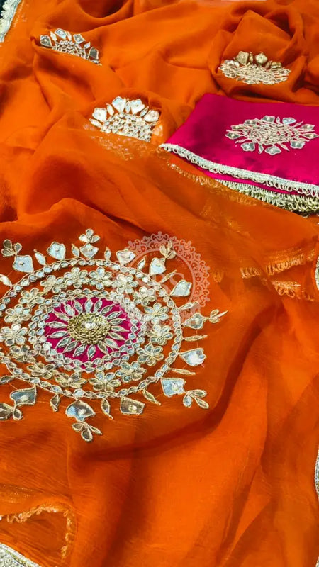 Pure Chifon mandana Kacchi patti Saree Orange & Rani Saree