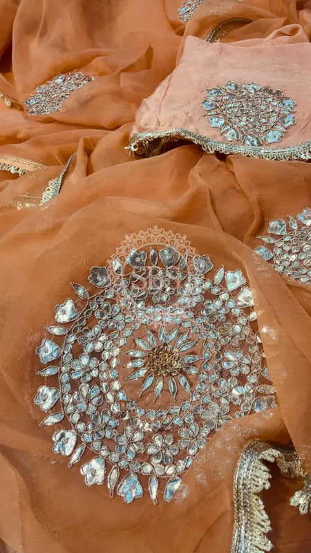 Pure Chifon mandana Kacchi patti Saree Peach Saree