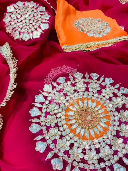 Pure Chifon mandana Kacchi patti Saree Rani Pink & Orange Saree
