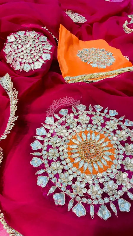 Pure Chifon mandana Kacchi patti Saree Rani Pink & Orange Saree