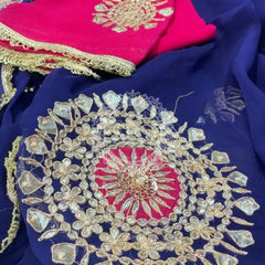 Pure Chifon mandana Kacchi patti Saree Royal Blue & Rani Saree
