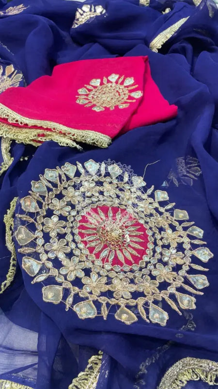 Pure Chifon mandana Kacchi patti Saree Royal Blue & Rani Saree