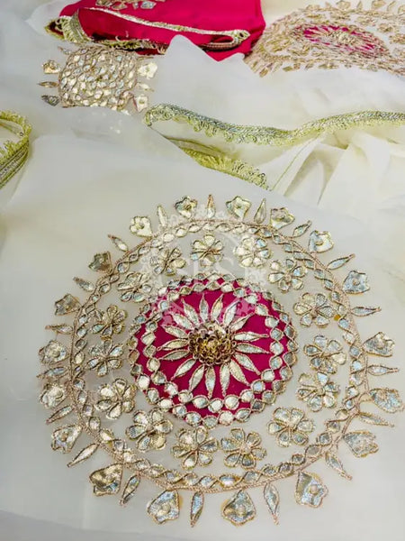 Pure Chifon mandana Kacchi patti Saree White & Rani Saree