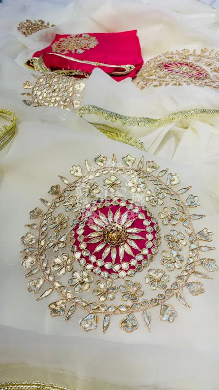 Pure Chifon mandana Kacchi patti Saree White & Rani Saree