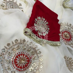 Pure Chifon mandana Kacchi patti Saree White & Red Saree