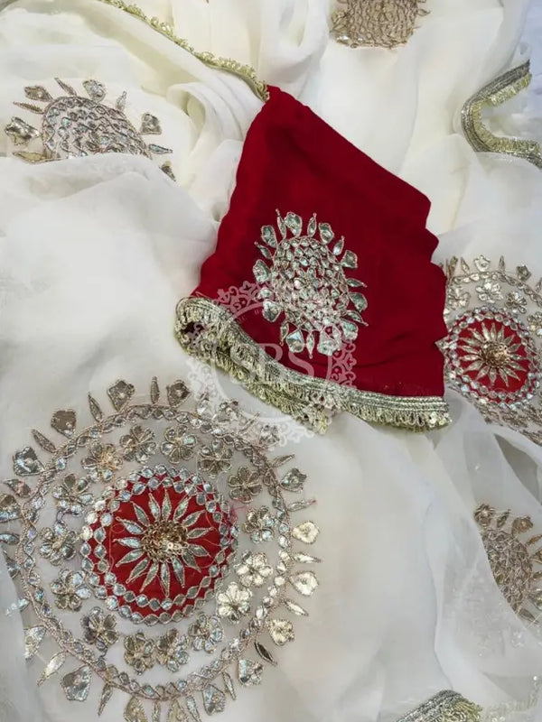 Pure Chifon mandana Kacchi patti Saree White & Red Saree