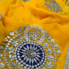 Pure Chifon mandana Kacchi patti Saree Yellow & Blue Saree