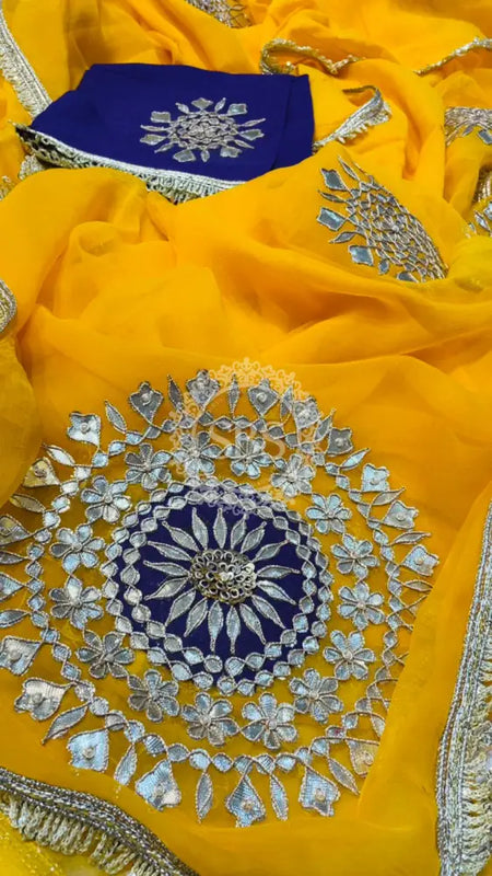 Pure Chifon mandana Kacchi patti Saree Yellow & Blue Saree