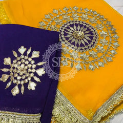 Pure Chifon mandana Kacchi patti Saree Yellow & Purple Saree