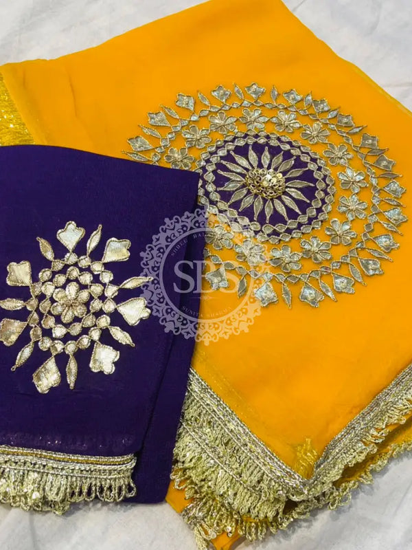 Pure Chifon mandana Kacchi patti Saree Yellow & Purple Saree