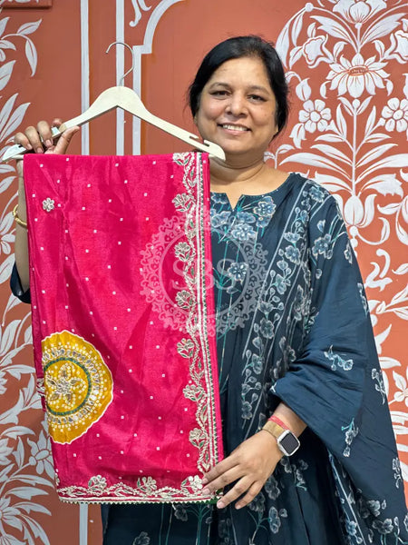 PURE CHINON GOTA PATTI SAREE Rani Pink