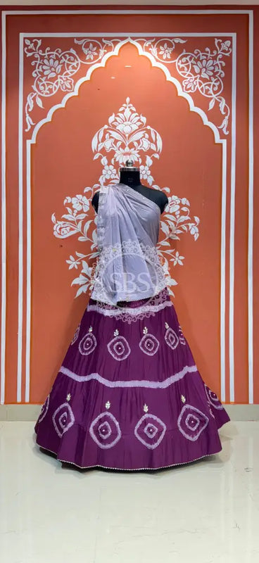 PURE CHINON HANDWORK GOTA PATTI LEHENGA Purple & White / Free Size