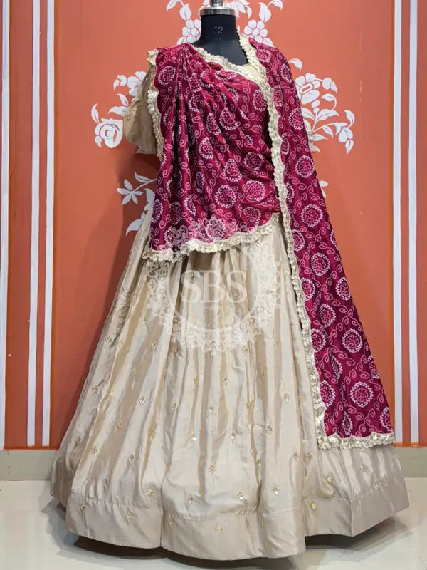 PURE CHINON LEHENGA WITH BHANDEJ DUPATTA AND STITCHED BLOUSE Wine / Free Size