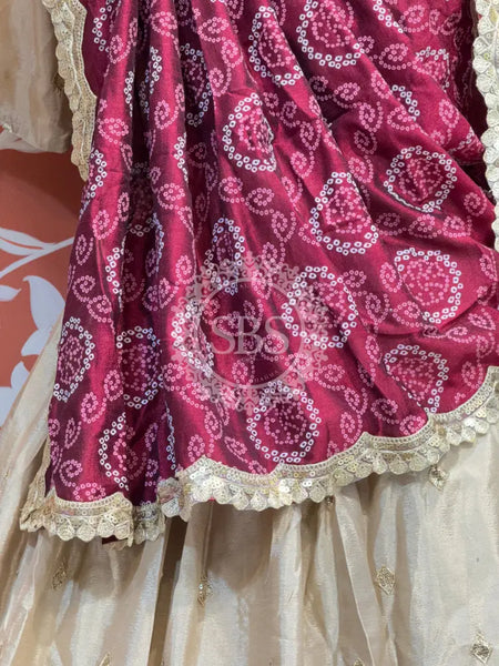 PURE CHINON LEHENGA WITH BHANDEJ DUPATTA AND STITCHED BLOUSE Wine / Free Size