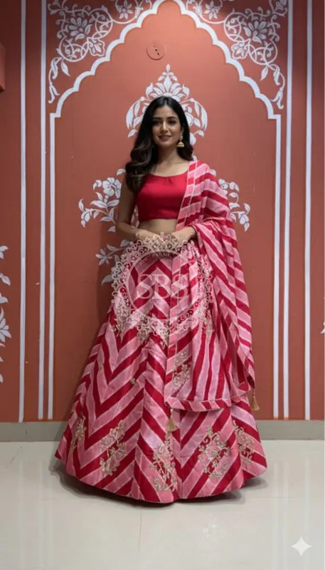 Pure Chinon leheriya lehenga with gota patti work
