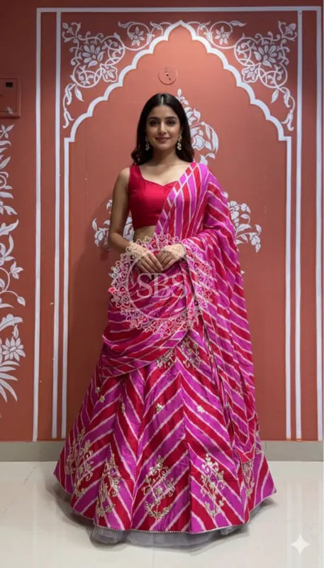 Pure Chinon leheriya lehenga with gota patti work