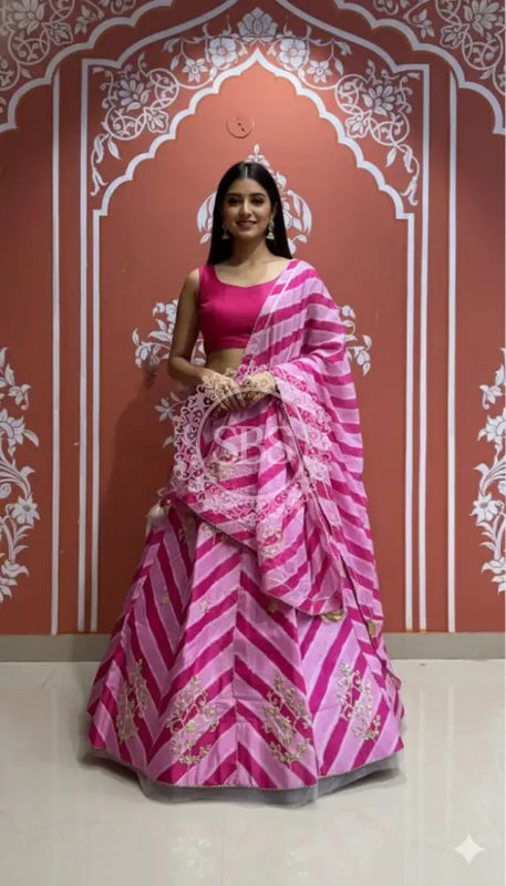 Pure Chinon leheriya lehenga with gota patti work