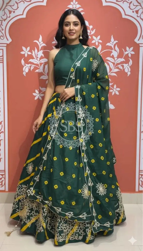 Pure Chinon Leheriya Lehenga with Gota Patti work with Bhandej Dupatta