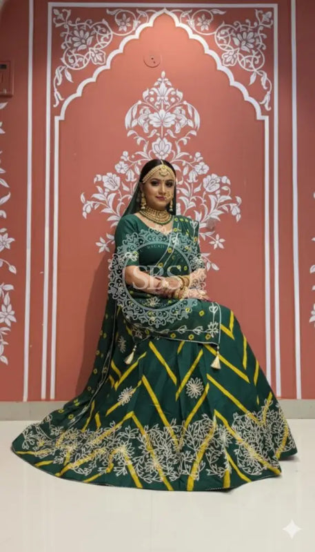 Pure Chinon Leheriya Lehenga with Gota Patti work with Bhandej Dupatta Green / Free Size
