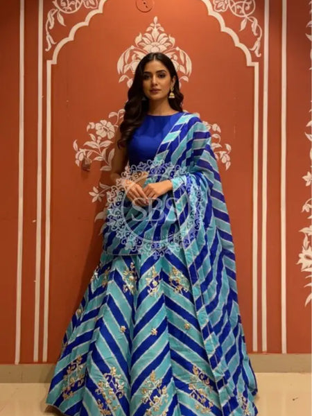 Pure Chinon leheriya lehenga with gota patti work Blue / Free Size