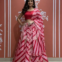 Pure Chinon leheriya lehenga with gota patti work Pink / Free Size