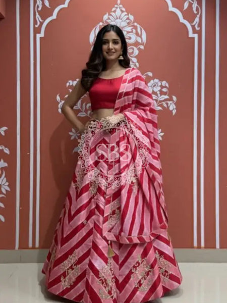 Pure Chinon leheriya lehenga with gota patti work Pink / Free Size