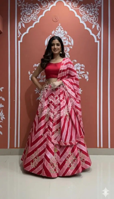 Pure Chinon leheriya lehenga with gota patti work Pink / Free Size