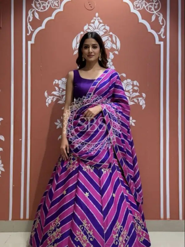 Pure Chinon leheriya lehenga with gota patti work Purple / Free Size