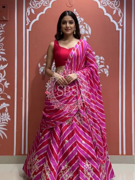 Pure Chinon leheriya lehenga with gota patti work RED / Free Size