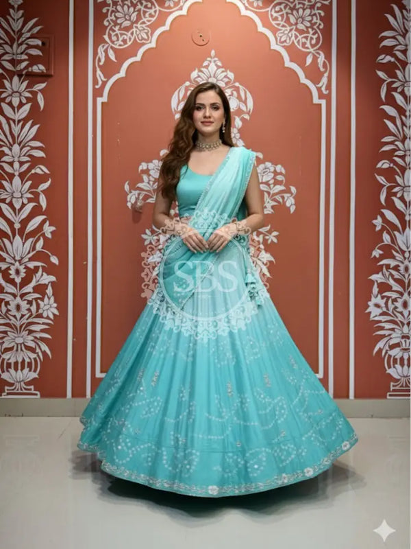 PURE CHINON SHADED BANDHEJ LEHENGA