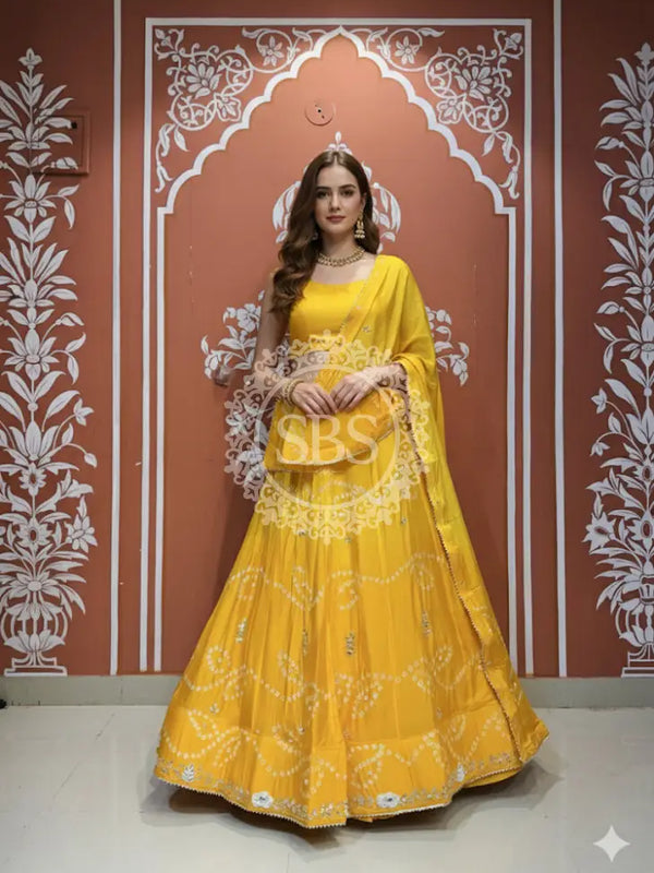 PURE CHINON SHADED BANDHEJ LEHENGA