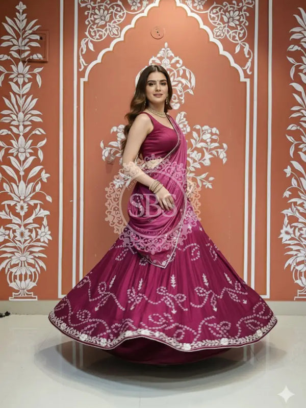 PURE CHINON SHADED BANDHEJ LEHENGA