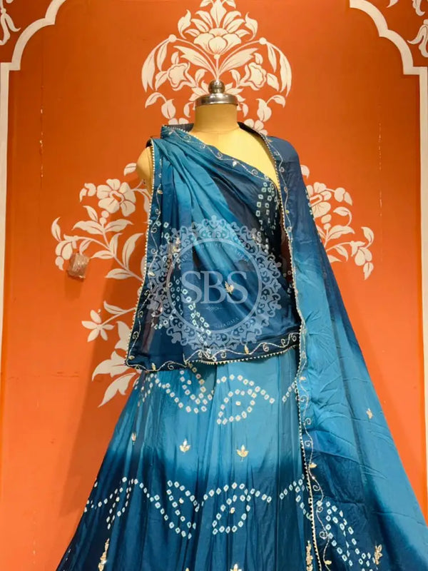 PURE CHINON SHADED BANDHEJ LEHENGA Blue / Free Size