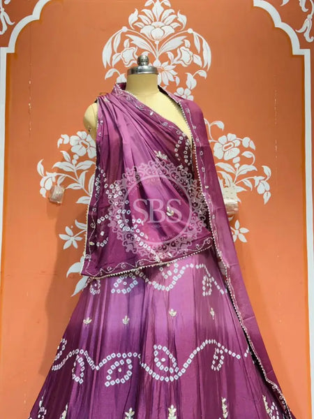 PURE CHINON SHADED BANDHEJ LEHENGA Purple / Free Size