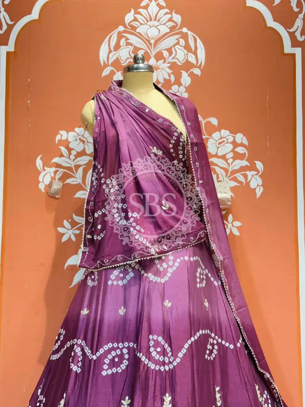 PURE CHINON SHADED BANDHEJ LEHENGA Purple / Free Size