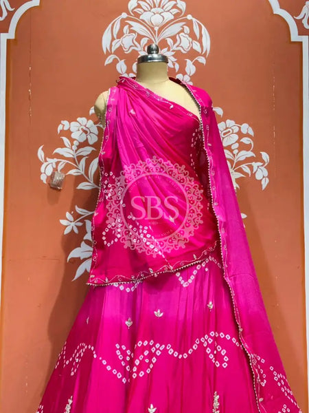 PURE CHINON SHADED BANDHEJ LEHENGA Rani Pink / Free Size