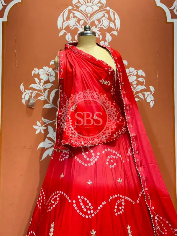 PURE CHINON SHADED BANDHEJ LEHENGA Red / Free Size