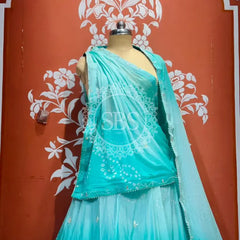 PURE CHINON SHADED BANDHEJ LEHENGA Turquoise / Free Size