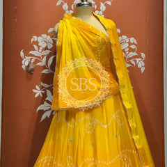 PURE CHINON SHADED BANDHEJ LEHENGA Yellow / Free Size