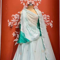 PURE CHINON SHIBORI BANDHEJ LEHENGA Ice blue / Free Size